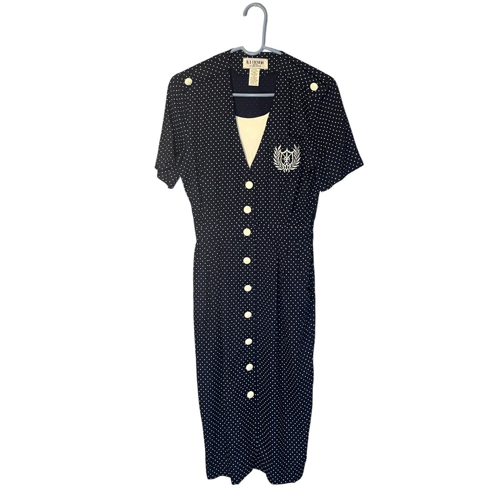 R.J. Stevens VTG Navy Polka Dot Dress 8P Button Front Crest Embroidered